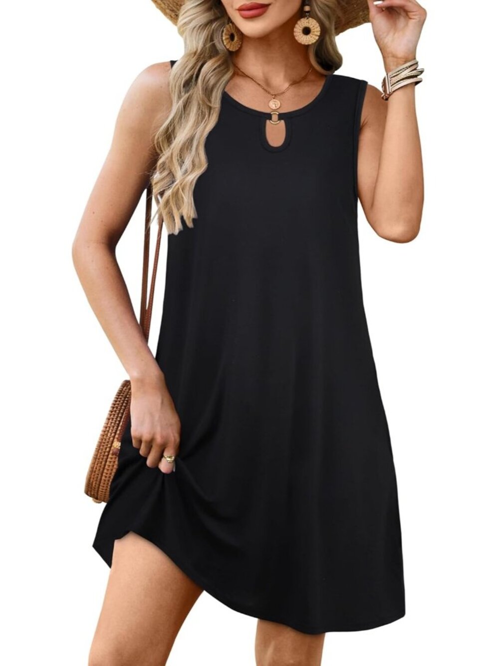 Women's Summer Sleeveless Sundress Floral Loose Fit Cover Up with Pocket Black